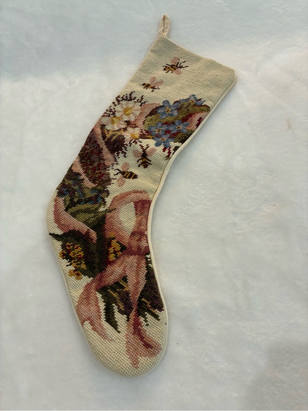 🎄 Vintage Wool Needlepoint Christmas Stocking - Floral,Pink Bow & Bee’s
